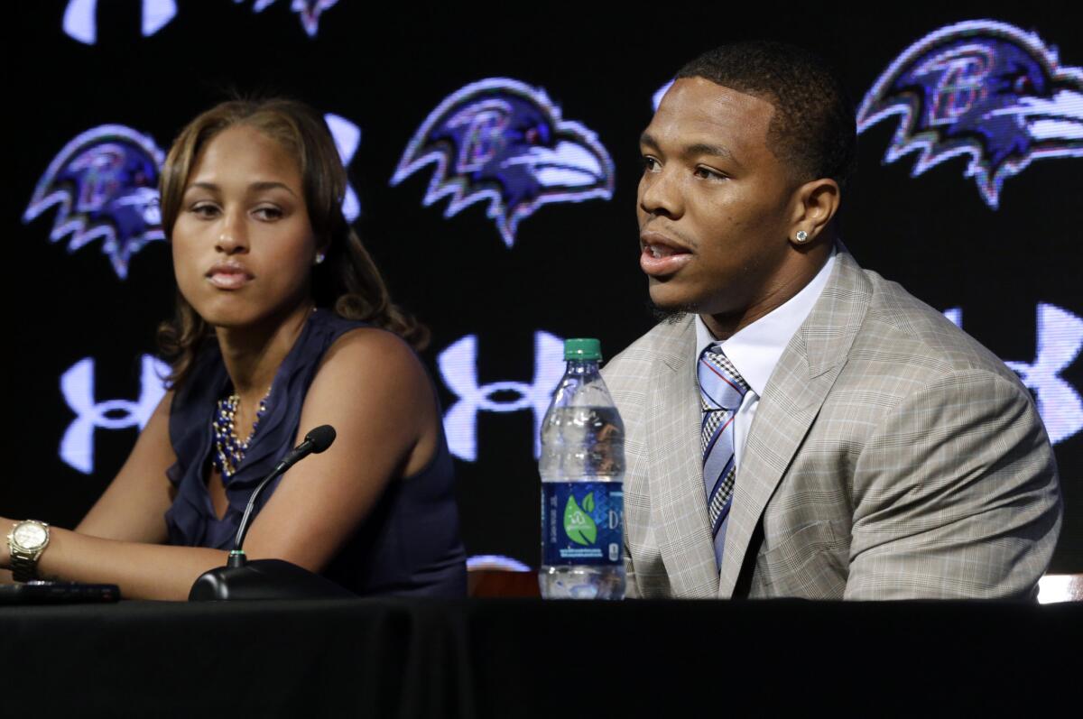Former Baltimore Ravens running back Ray Rice speaks alongside his wife, Janay, at a news conference on May 23, 2014.