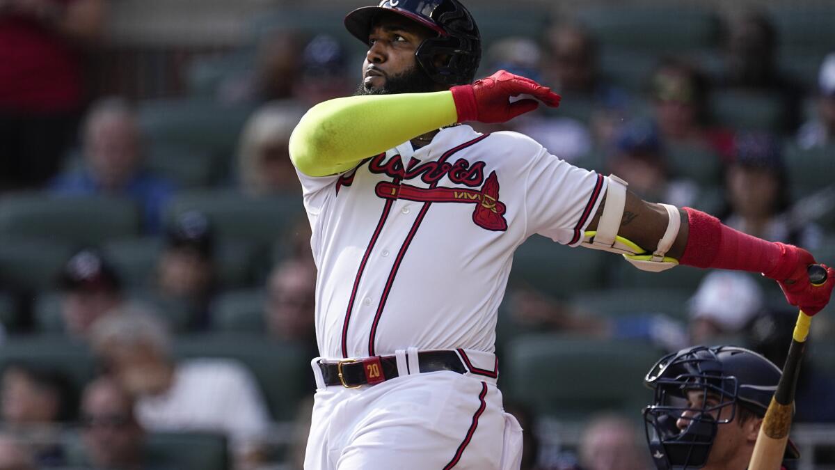 Marcell Ozuna triples (1) on a sharp fly ball to center fielder Jacob  Young., 09/30/2023