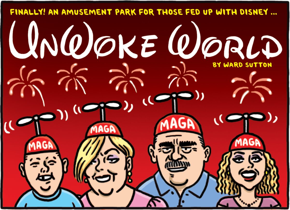 A family of four wear beanies that say MAGA and have spinny tops.
