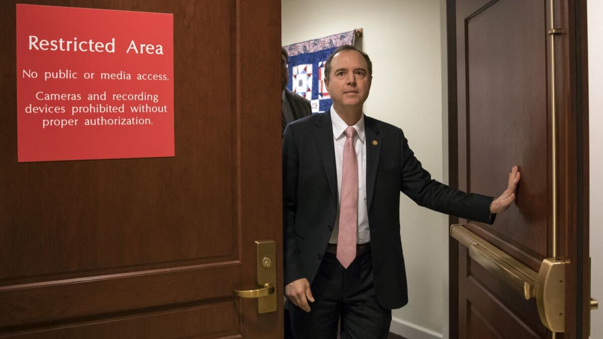 Rep. Adam Schiff (D-Burbank), shown exiting a secure area on Capitol Hill in March 2018, has come under fire from Republicans for his past statements about evidence he'd seen suggesting President Trump had colluded with Russians.