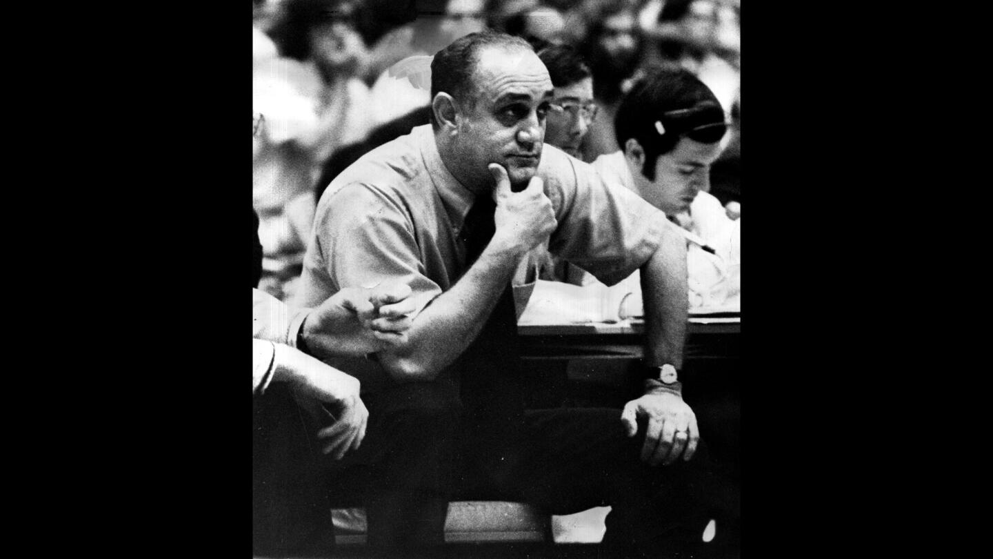 Jerry Tarkanian on the bench as coach at Long Beach State in 1973.