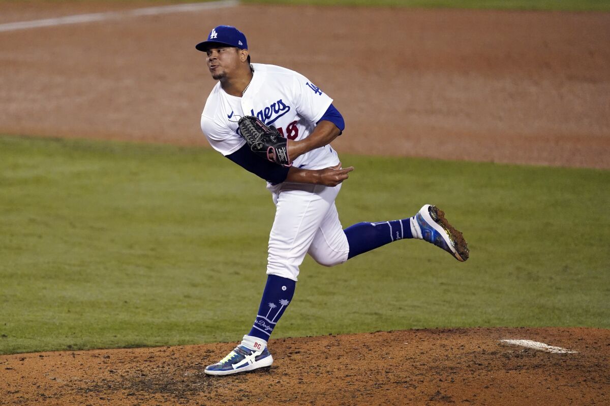 Dodgers pitcher Brusdar Graterol entered Monday's game against the Braves in relief of Walker Buehler in the sixth inning.