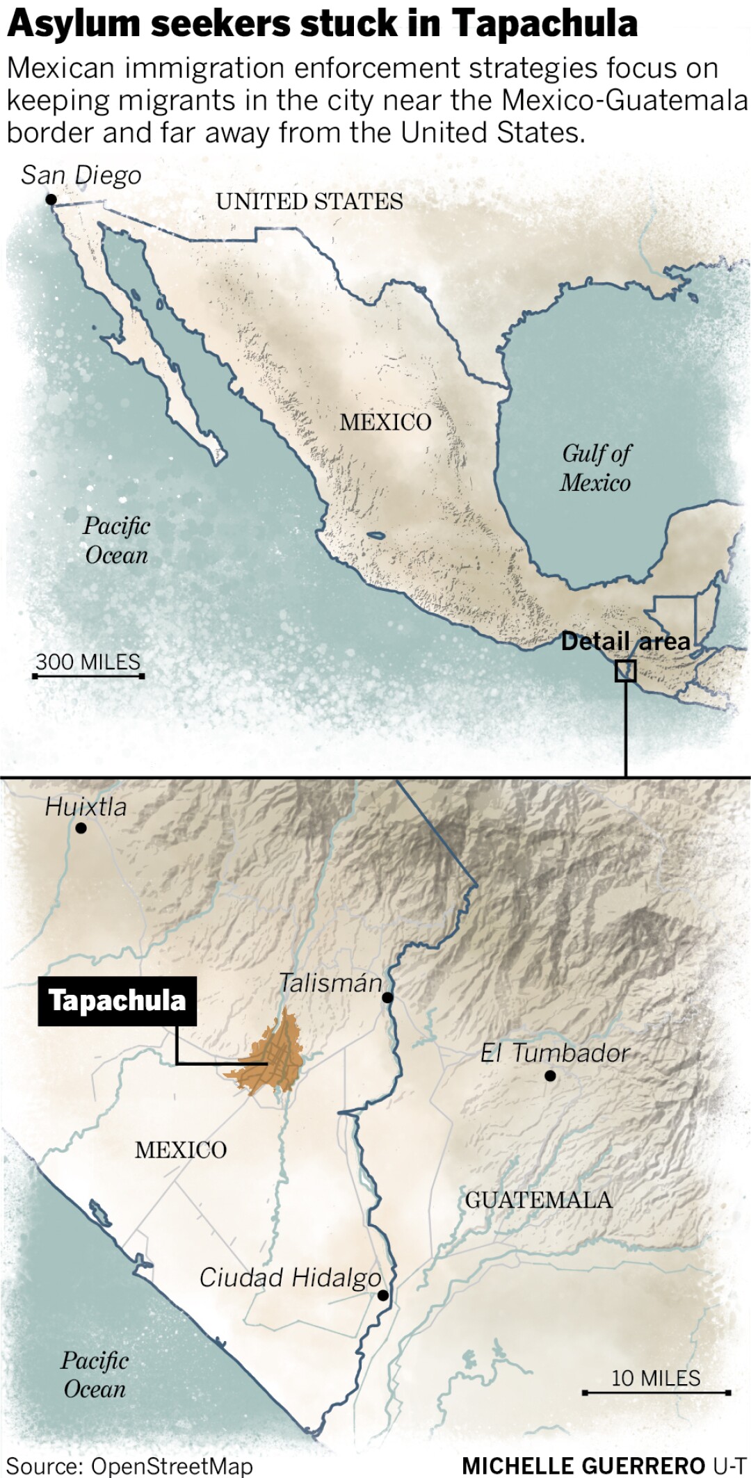 Map of Mexico showing Tapachula at the southern border with Guatemala