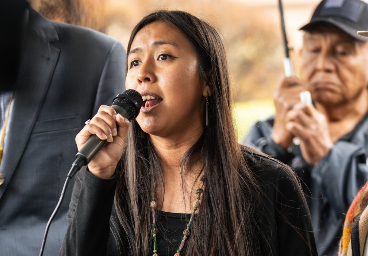 Naelyn Pike, a member of the San Carlos Apache Tribe, speaks after oral arguments in the Apache Stronghold v. U.S. case.