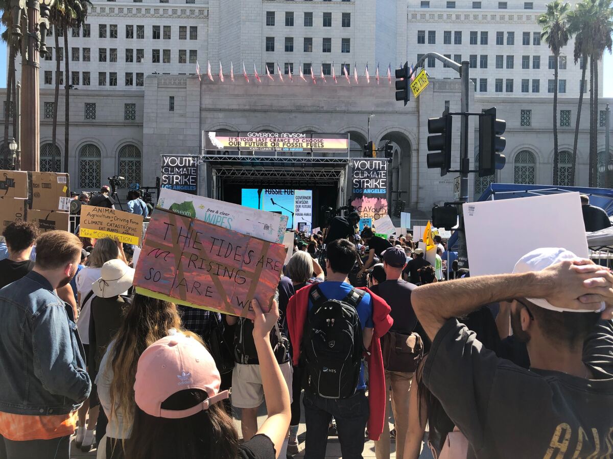 Youth protesters stand outside Los Angeles City Hall