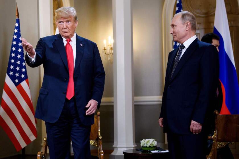 President Trump and Russian President Vladimir Putin appear before an unprecedented one-on-one meeting in Helsinki.