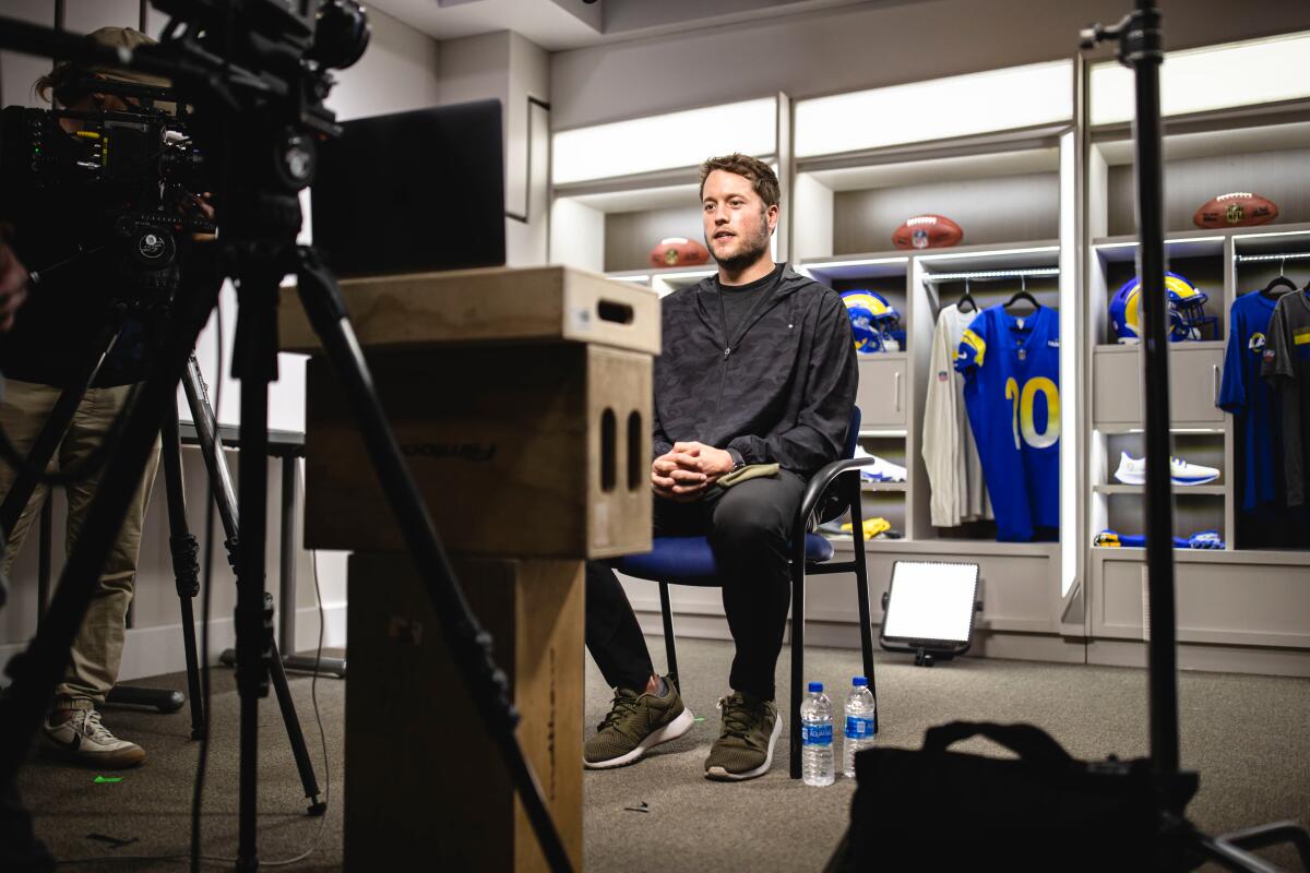  Rams quarterback Matthew Stafford speaks to media via a video conference.