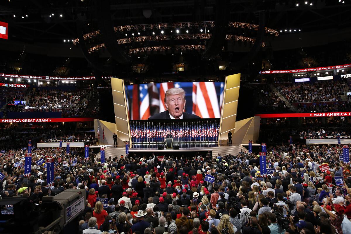 Donald Trump on the final night of the 2016 Republican National Convention in Cleveland.