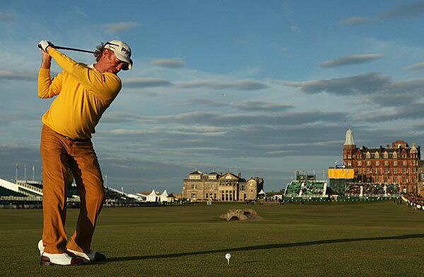 Miguel Angel Jimenez of Spain hits his tee shot on the 18th hole on Saturday during the third round of the 139th Open Championship on the St. Andrews Old Course.
