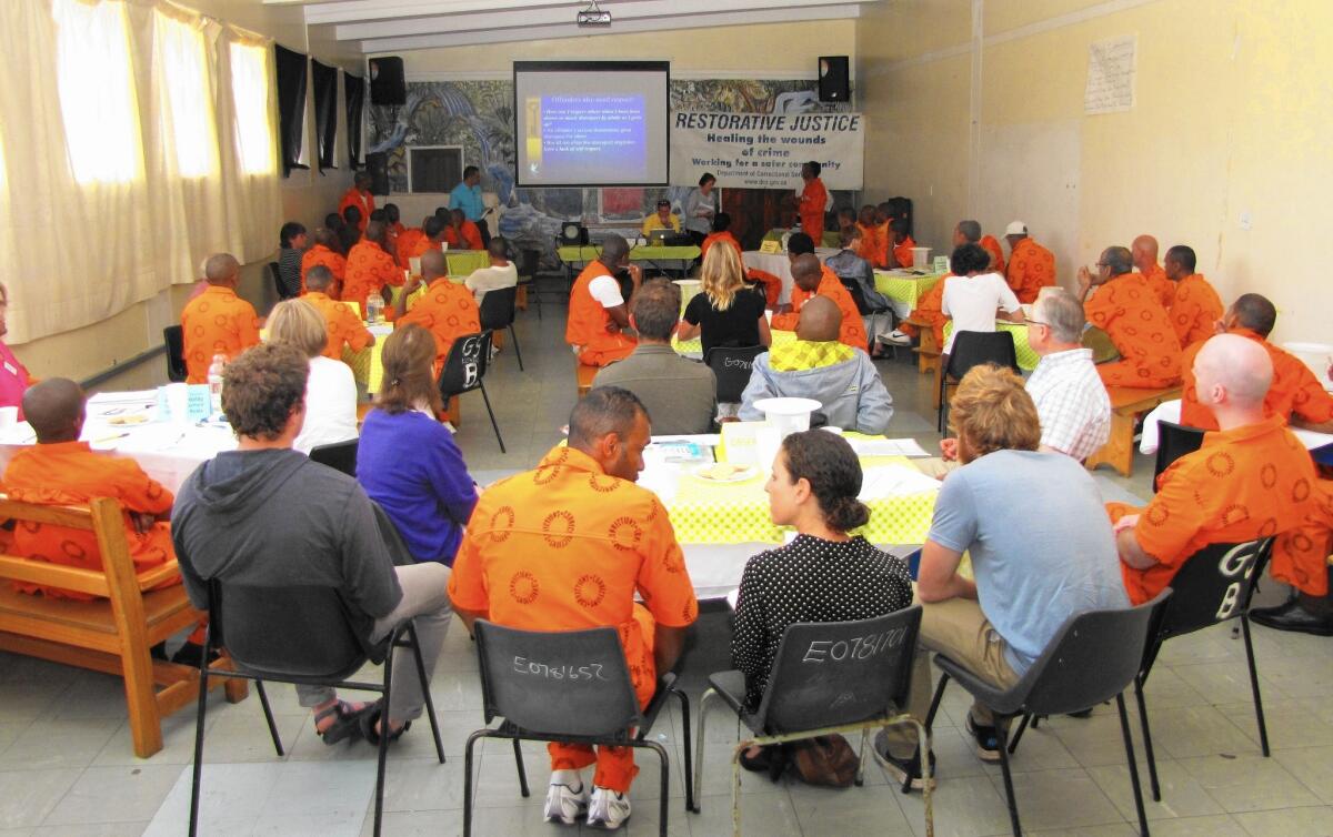 A meeting is held for the restorative justice program at Pollsmoor Prison in Cape Town, South Africa.