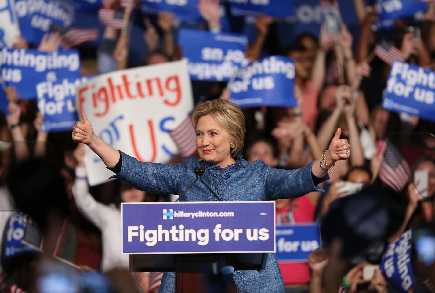 Democratic presidential candidate and former Secretary of State Hillary Clinton speaks to supporters at the Palm Beach County Convention Center in West Palm Beach, Fla.