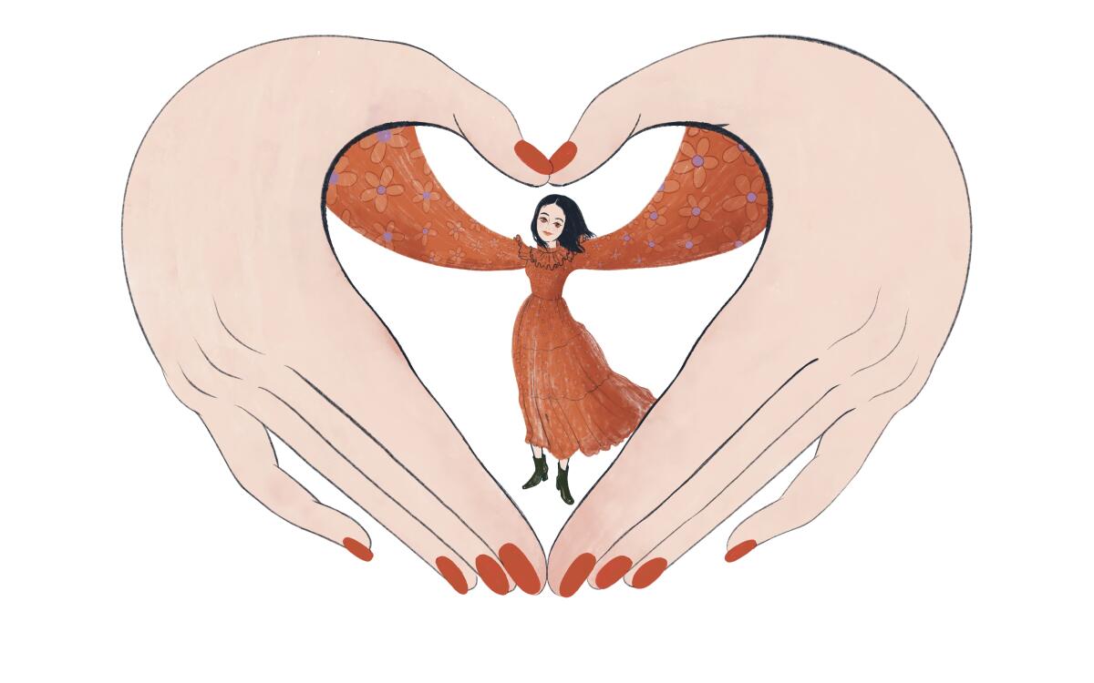 Illustration: A woman reaching out as hands embrace, in the shape of a heart.