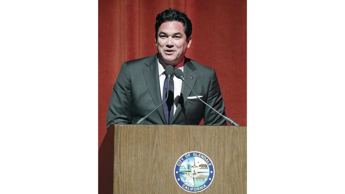 Actor Dean Cain talks about the film "Architects of Denial," which he and Montel Williams produced, at the Armenian Genocide commemoration at the Alex Theatre in Glendale on Tuesday, April 24, 2018.
