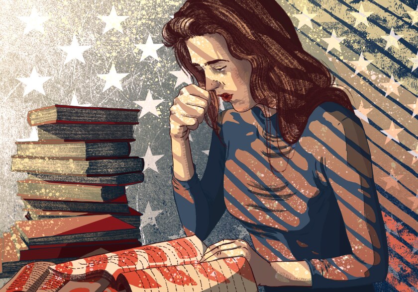 Illustration of a woman reading a book next to a stack of others against a star-spangled background.
