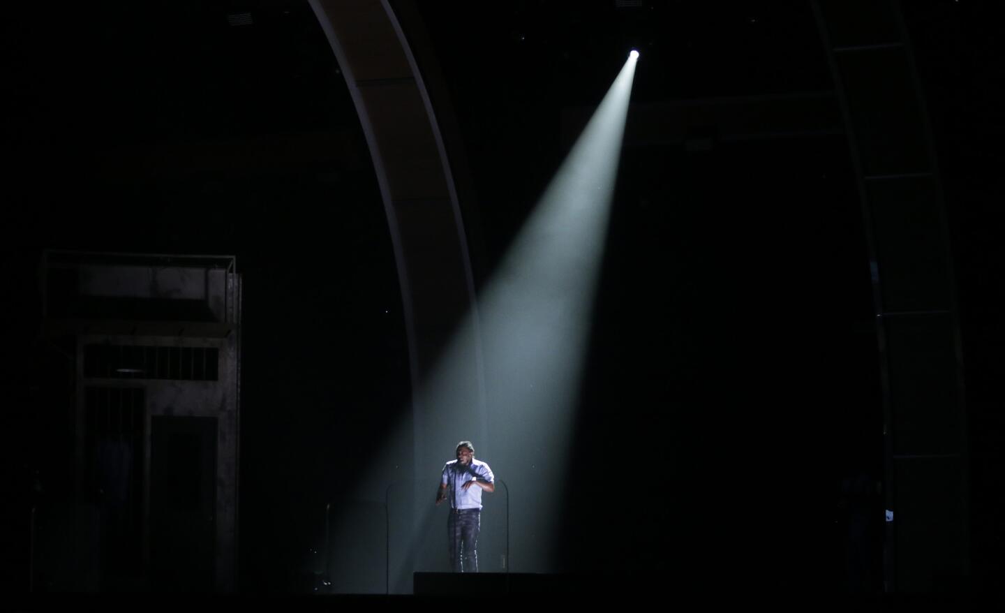 Kendrick Lamar performs at the 58th Grammy Awards.