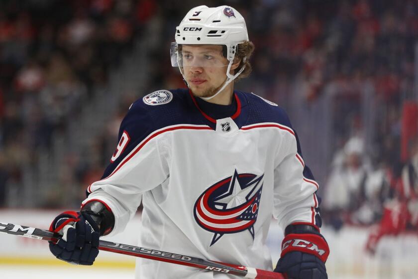 Columbus Blue Jackets left wing Artemi Panarin plays against the Detroit Red Wings in the first period of an NHL hockey game Monday, Nov. 26, 2018, in Detroit. (AP Photo/Paul Sancya)