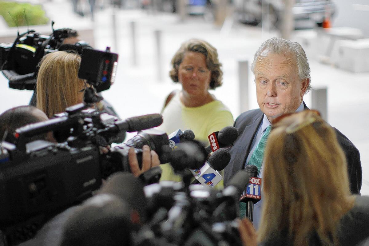 Pierce O'Donnell, an attorney for Shelly Sterling, speaks to reporters outside Los Angeles Superior Court. Sterling claims she has the right to sell the Los Angeles Clippers because her husband, Donald Sterling, is no longer mentally competent to manage the team or his business.