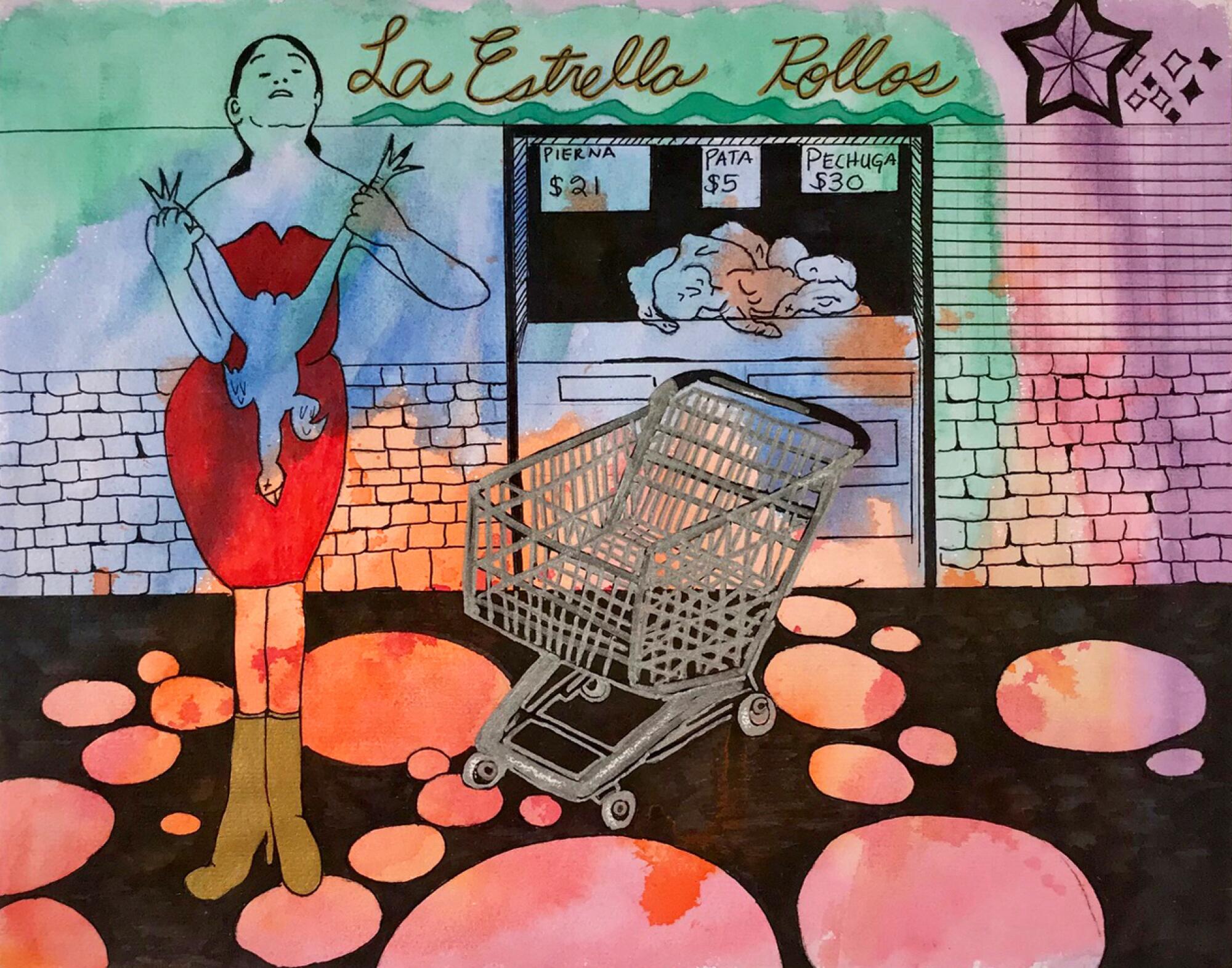A watercolor shows a woman in a glamorous red dress holding a chicken in front of a store called Pollos La Estrella.