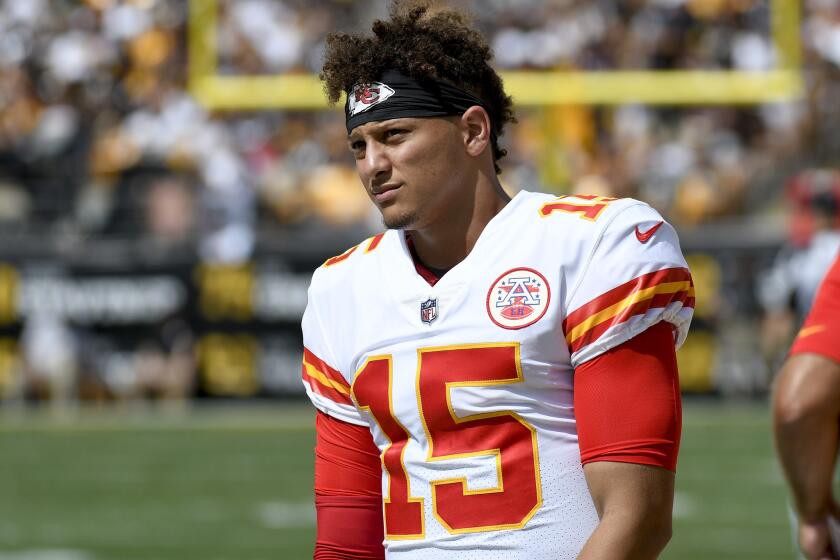 Kansas City Chiefs quarterback Patrick Mahomes (15)during an NFL football game against the Pittsburgh Steelers, Sunday, Sept. 16, 2018, in Pittsburgh. (AP Photo/Don Wright)
