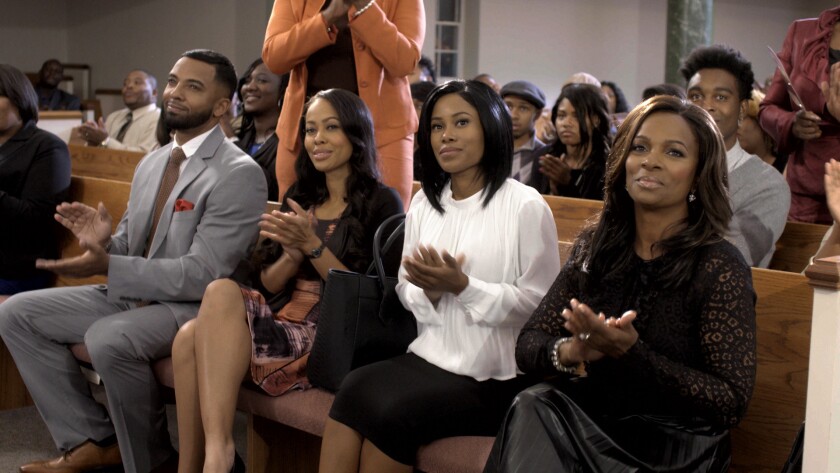 Christian Keyes, Dawn Halfkenny, Jasmine Burke and Vanessa Bell Calloway attend an intrigue-filled Georgia church in the Bounce TV series "Saints & Sinners."