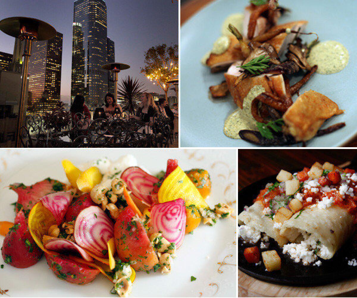 Photos of some of the restaurants participating in the Bon Appetit Grub Crawl. Clockwise from top left, Perch restaurant, a dish from Alma, enchiladas from Bar Ama and a salad from Barnyard.