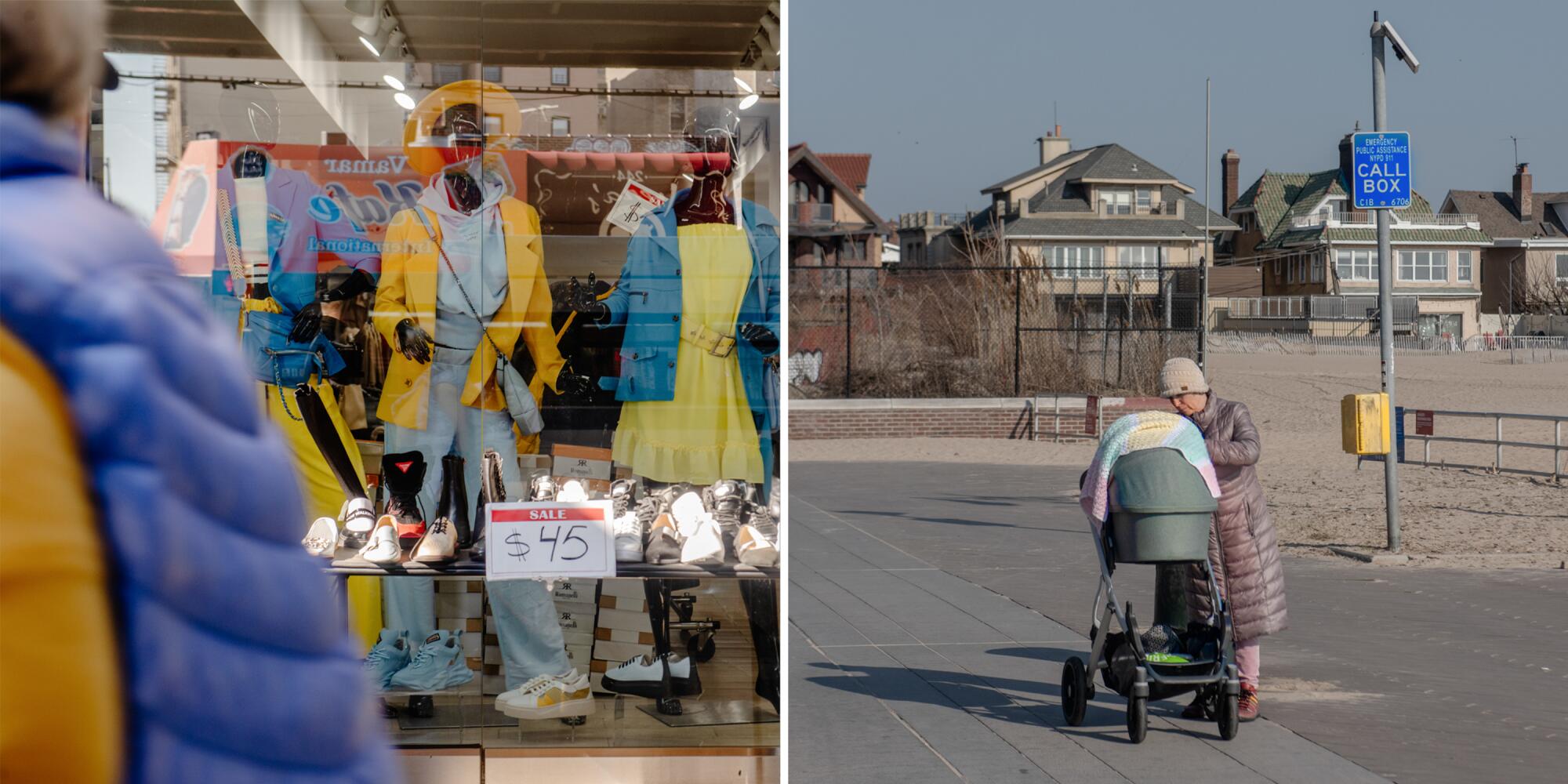 Mannequins wear blue and yellow in a store window; a blue and yellow call box.