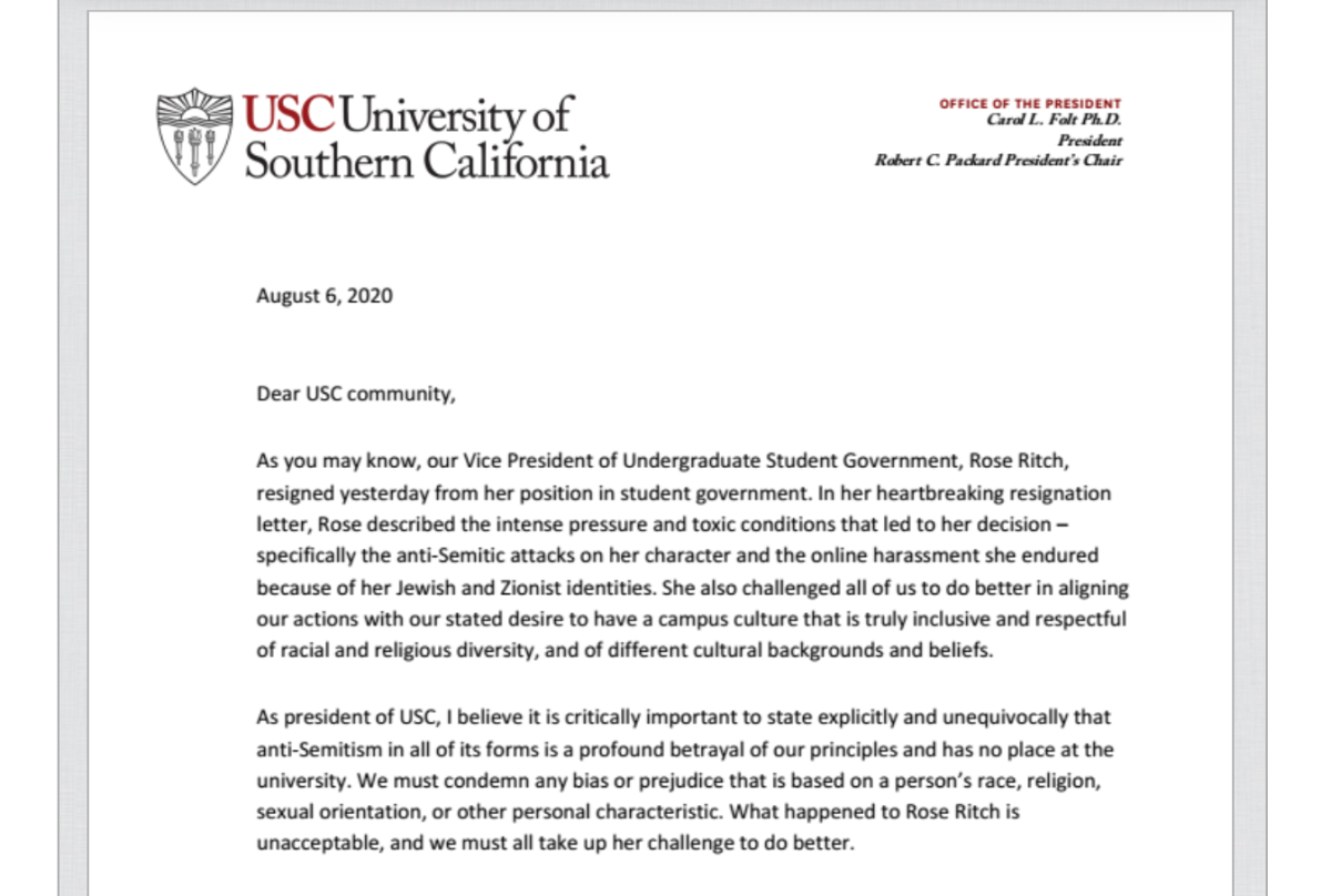 USC President Carol L. Folt condemned anti-Semitism in a letter to the campus community.