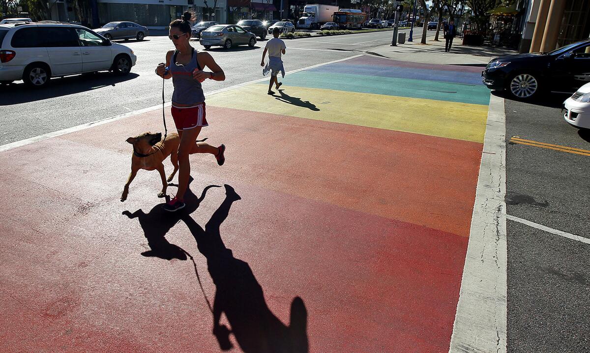 San Francisco's Castro District will rainbow-stripe four crosswalks at an intersection. West Hollywood, pictured, added two rainbow crosswalks in 2012.