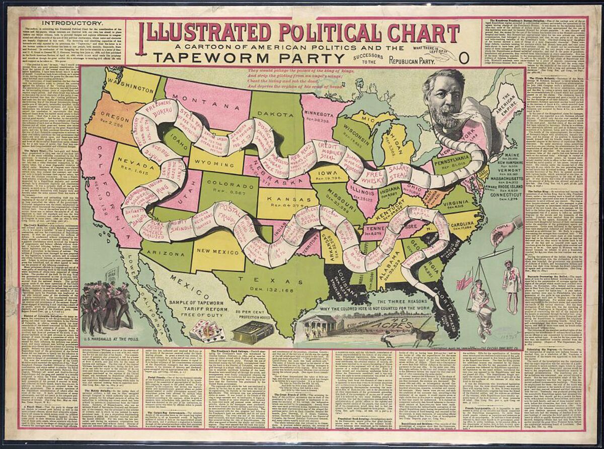 Even before TV, electoral maps were an American obsession. This satirical cartoon from May 1888 depicts the Tapeworm Party, with Republican primary candidate James Blaine as head of the worm. (Library of Congress)