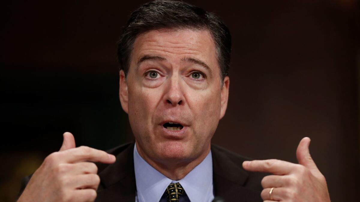 Then-FBI Director James B. Comey testifies last week on Capitol Hill at a Senate Judiciary Committee hearing. President Trump abruptly fired Comey on Tuesday.