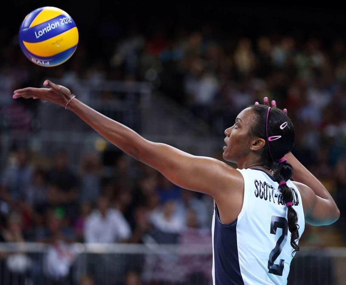 Danielle Scott-Arruda of the United States serves the ball in the women's volleyball game against China on Day 5 of the 2012 London Olympic Games.