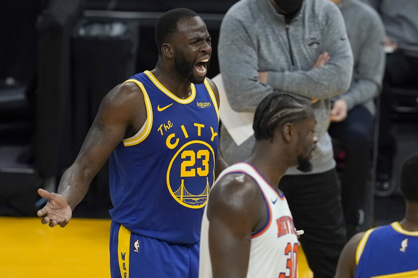 Golden State Warriors forward Draymond Green (23) reacts after being called for a technical foul during the first half of the team's NBA basketball game against the New York Knicks in San Francisco, Thursday, Jan. 21, 2021. Green was ejected from the game. (AP Photo/Jeff Chiu)