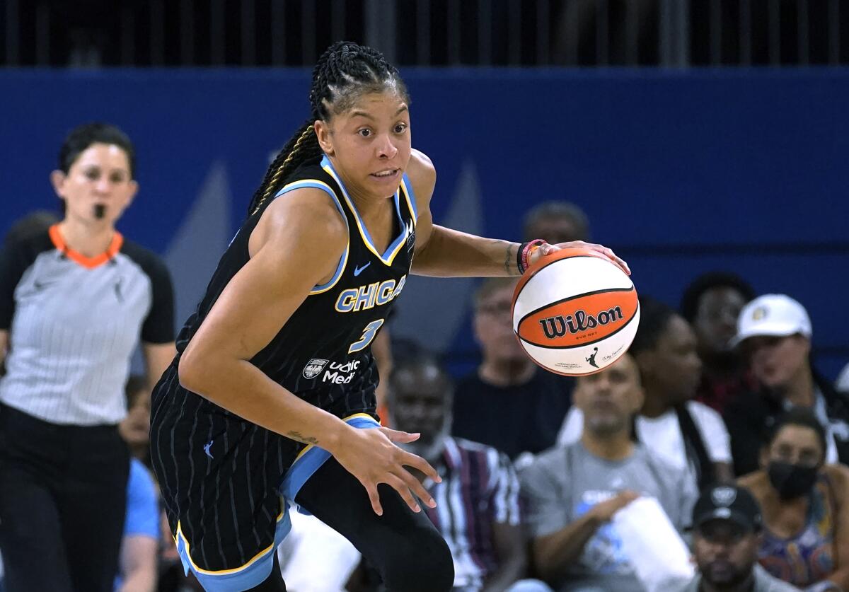 Candace Parker controls the ball during a playoff game between the Chicago Sky and the Connecticut Sun on Aug. 28.
