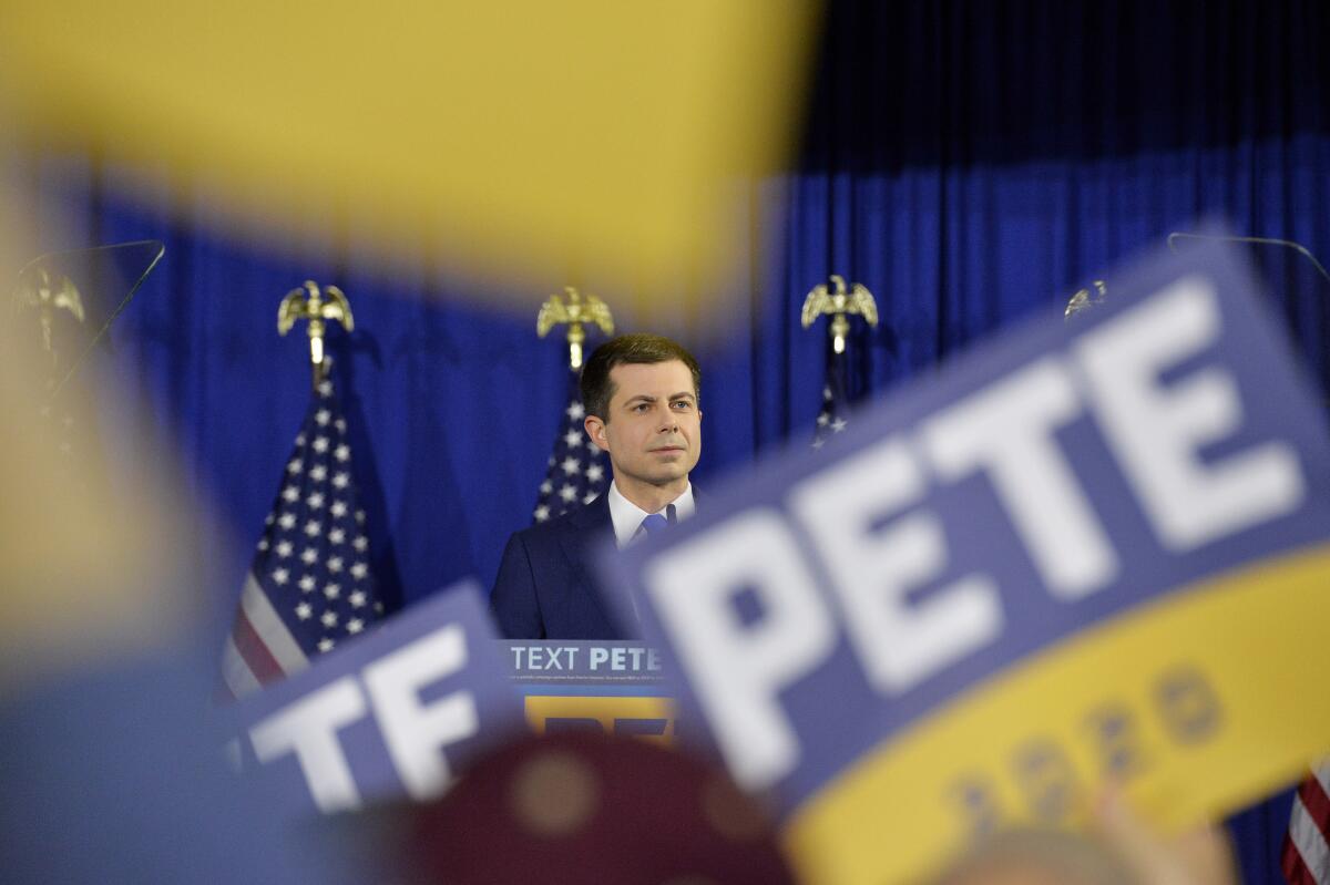 Pete Buttigieg speaks to supporters at Nashua Community College in New Hampshire on Tuesday night.