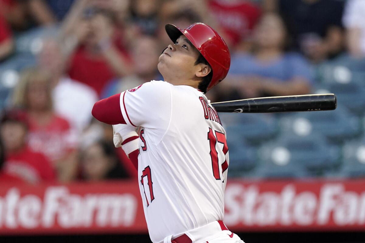 The Angels' Shohei Ohtani flies out during the first inning July 16, 2021.