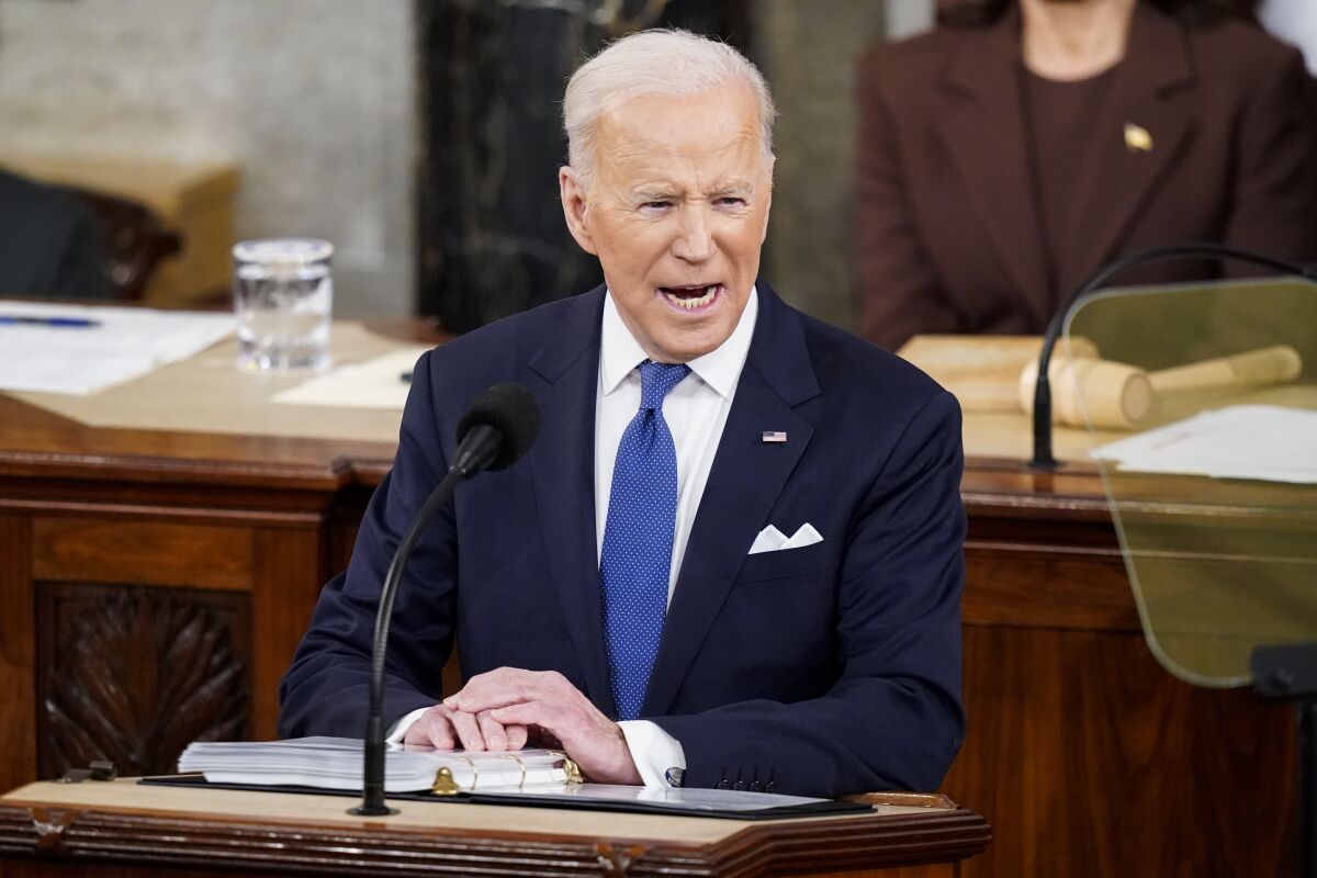 President Joe Biden delivers his State of the Union address to a joint session of Congress at the Capitol, Tuesday, March 1, 2022, in Washington, as Vice President Kamala Harris and Speaker of the House Nancy Pelosi of Calif., look on. (Jabin Botsford, Pool via AP)