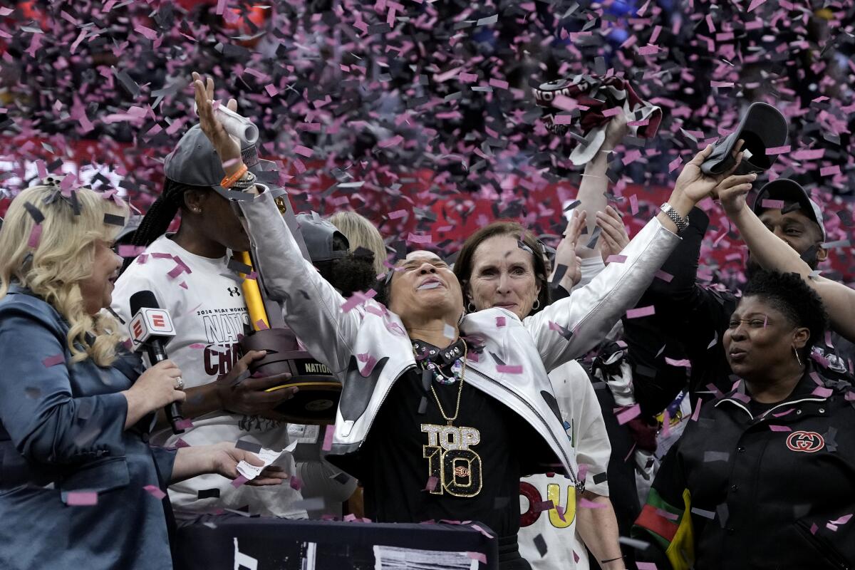 South Carolina coach Dawn Staley celebrates after winning the NCAA women's basketball championship.