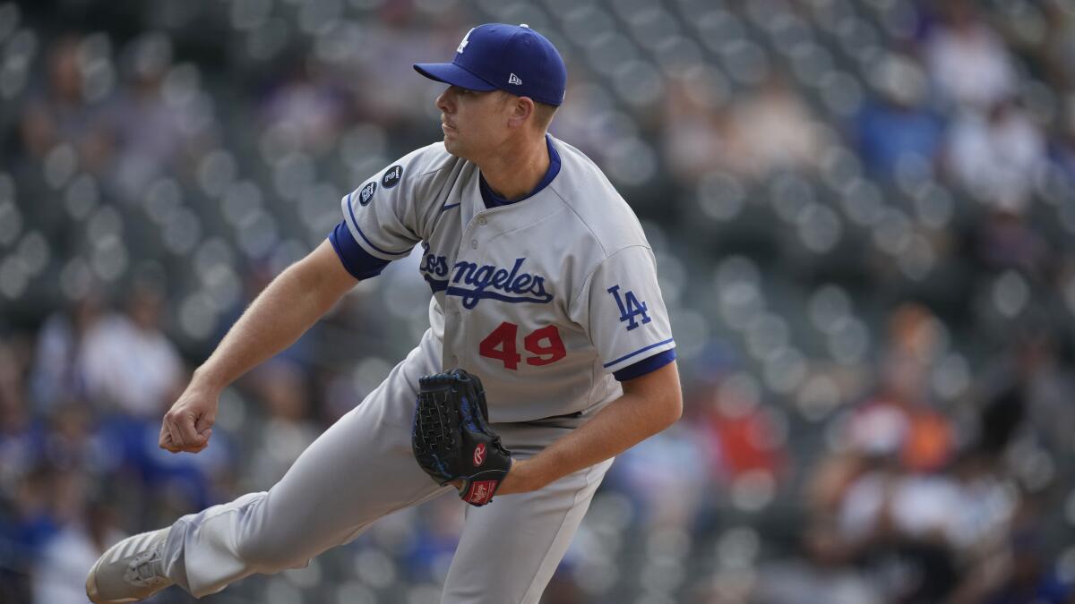 Dodgers relief pitcher Blake Treinen delivers against the Colorado Rockies last year.