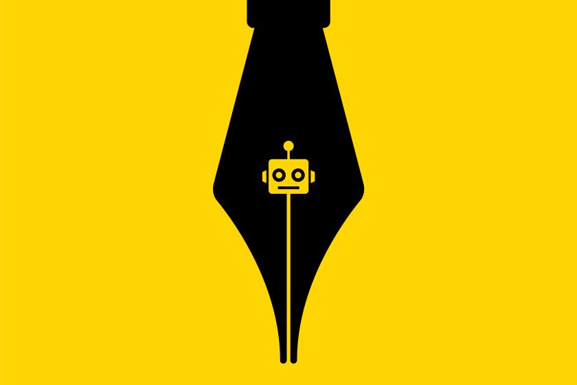 Illustration of a dip pen nib with a robot head in the center on a yellow background.