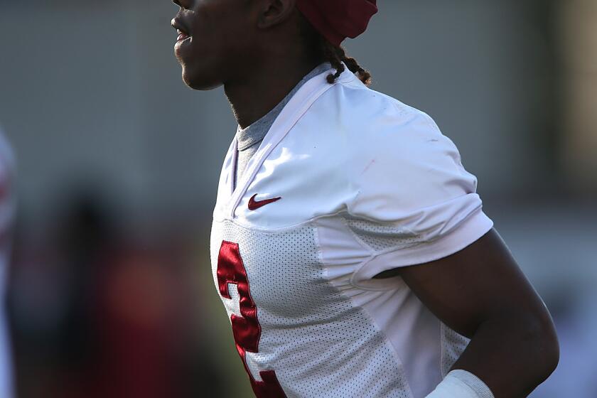 Adoree' Jackson takes part in practice at Howard Jones Field on Aug. 8.