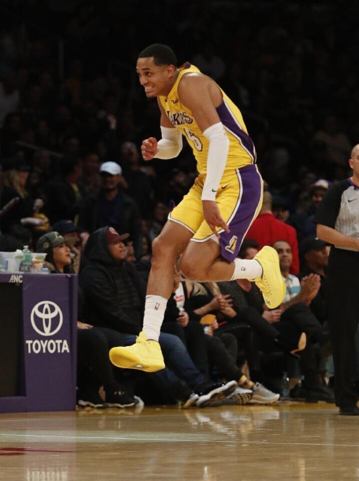 LOS ANGELES, CA - JANUARY 19, 2018: Los Angeles Lakers guard Jordan Clarkson (6) reacts after his three-pointer seals the win against the Indiana Pacers 99-86 at Staples Center on January 19, 2018 in Los Angeles, California. Clarkson scored 33 points.(Gina Ferazzi / Los Angeles Times)
