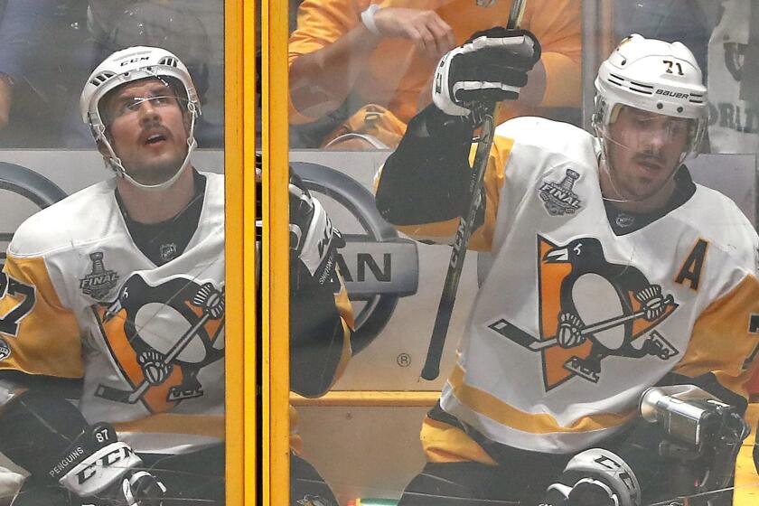 NASHVILLE, TN - JUNE 03: Sidney Crosby #87 and Evgeni Malkin #71 of the Pittsburgh Penguins both sit in the penalty box against the Nashville Predators during the third period in Game Three of the 2017 NHL Stanley Cup Final at the Bridgestone Arena on June 3, 2017 in Nashville, Tennessee. (Photo by Justin K. Aller/Getty Images) ** OUTS - ELSENT, FPG, CM - OUTS * NM, PH, VA if sourced by CT, LA or MoD **