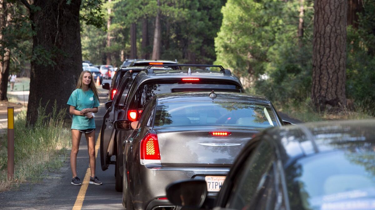 Traffic is at a standstill and visitors are out of their cars on the valley floor while a bus lane is empty and off-limits to visitors at Yosemite National Park.