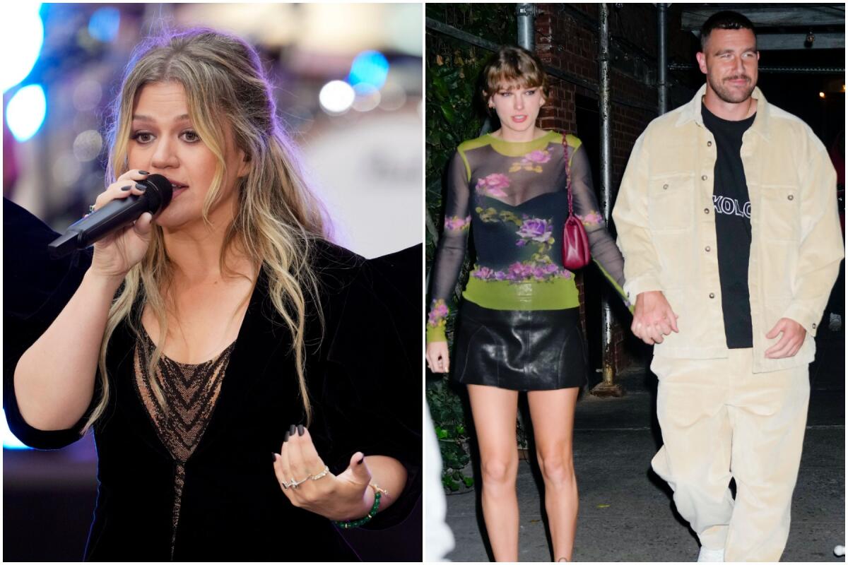 Separate photos of Kelly Clarkson speaking into a mic, left, and Taylor Swift and Travis Kelce walking and holding hands