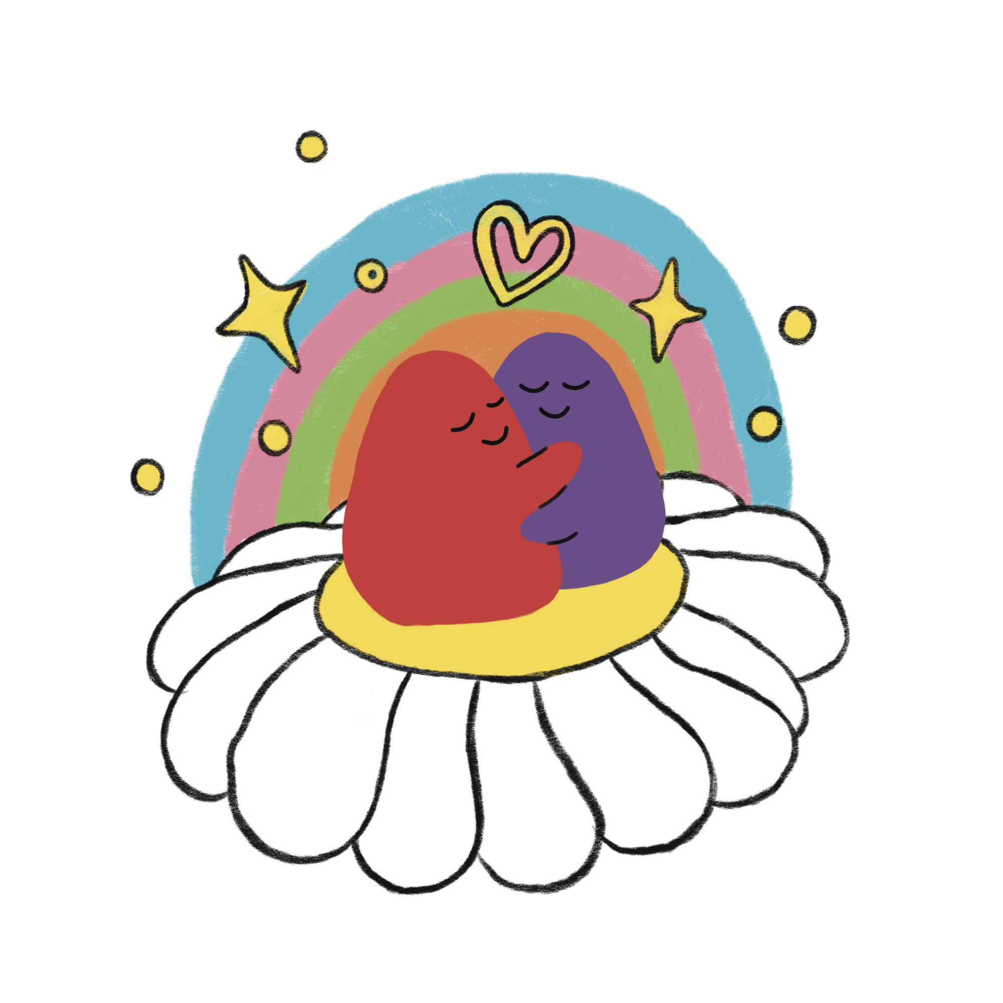 An illustration of two blobs hugging on top of a flower