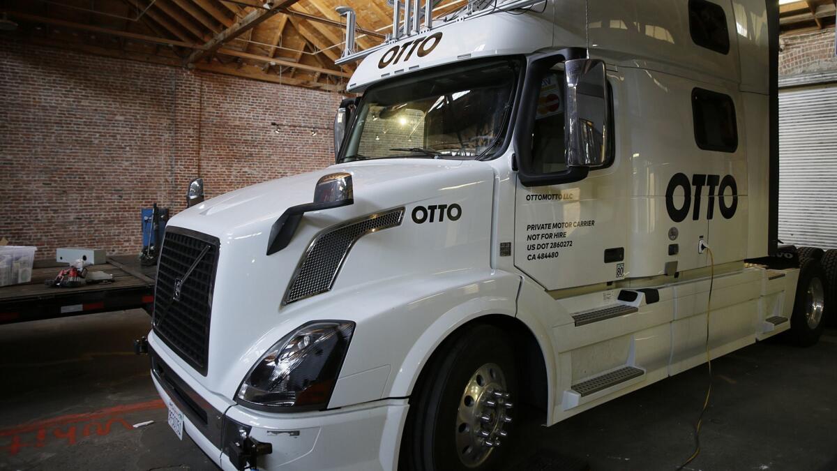 An Otto driverless truck is shown. Lior Ron, who co-founded Otto, has left Uber's self-driving truck operation.