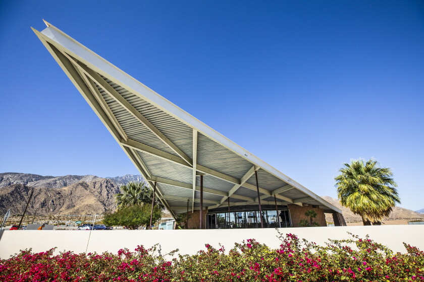 The exaggerated wedge-shaped roofline of the Palm Springs Visitors Center.