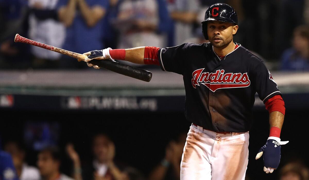 Cleveland Indians' Coco Crisp celebrates after scoring a run on an RBI single hit by Carlos Santana during the third inning against the Chicago Cubs in Game 7 of the 2016 World Series on Nov. 2.