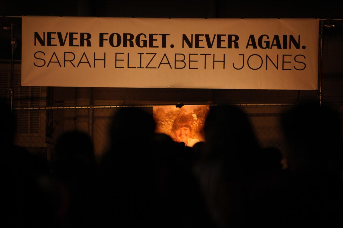 A photograph of Sarah Jones is placed on a stage at a memorial for the assistant camerawoman at the International Cinematographers Guild on Sunset Boulevard in Hollywood last March.