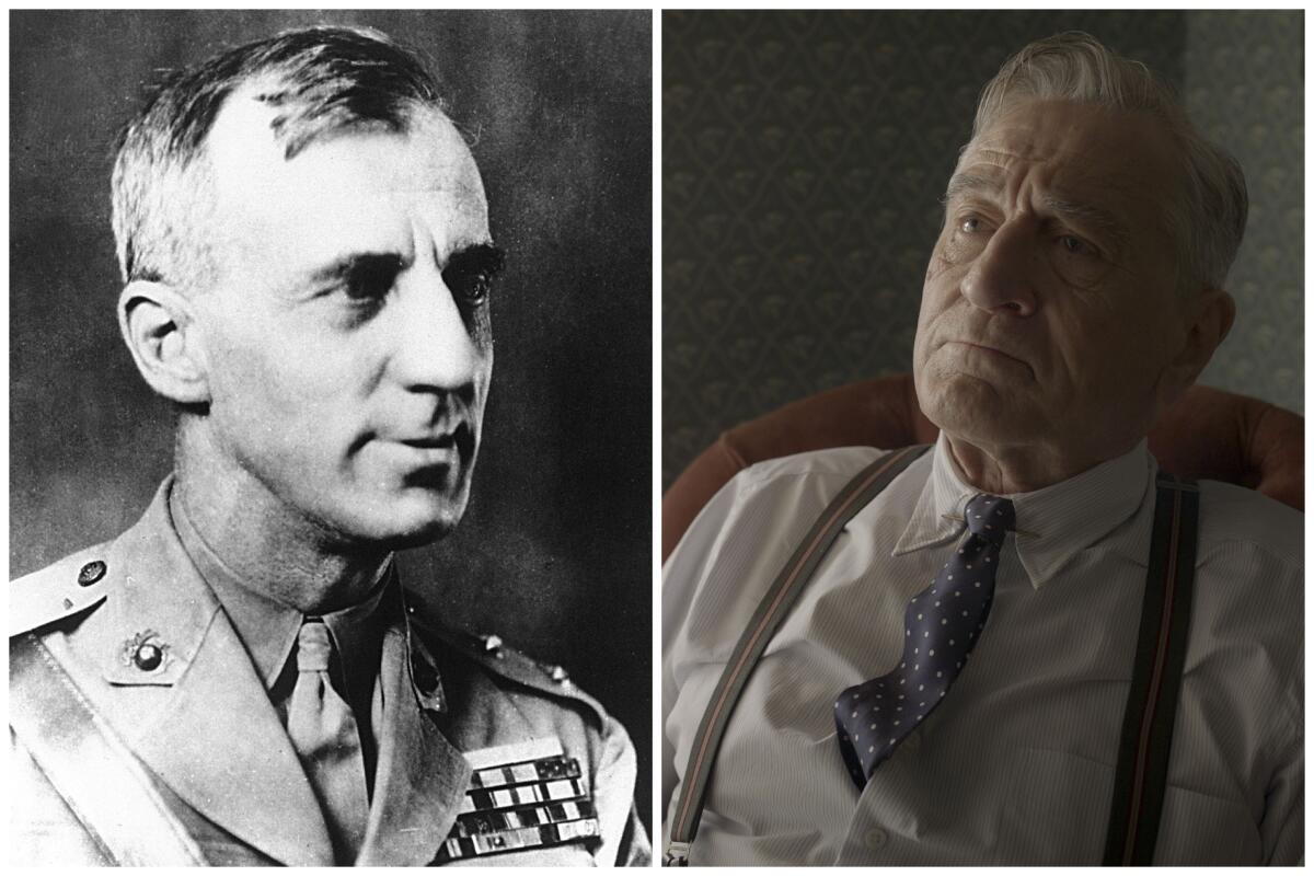 WW I Maj. Gen. Smedley Butler, left, and Robert De Niro as Gil Dillenbeck, a character based on Butler, in "Amsterdam."
